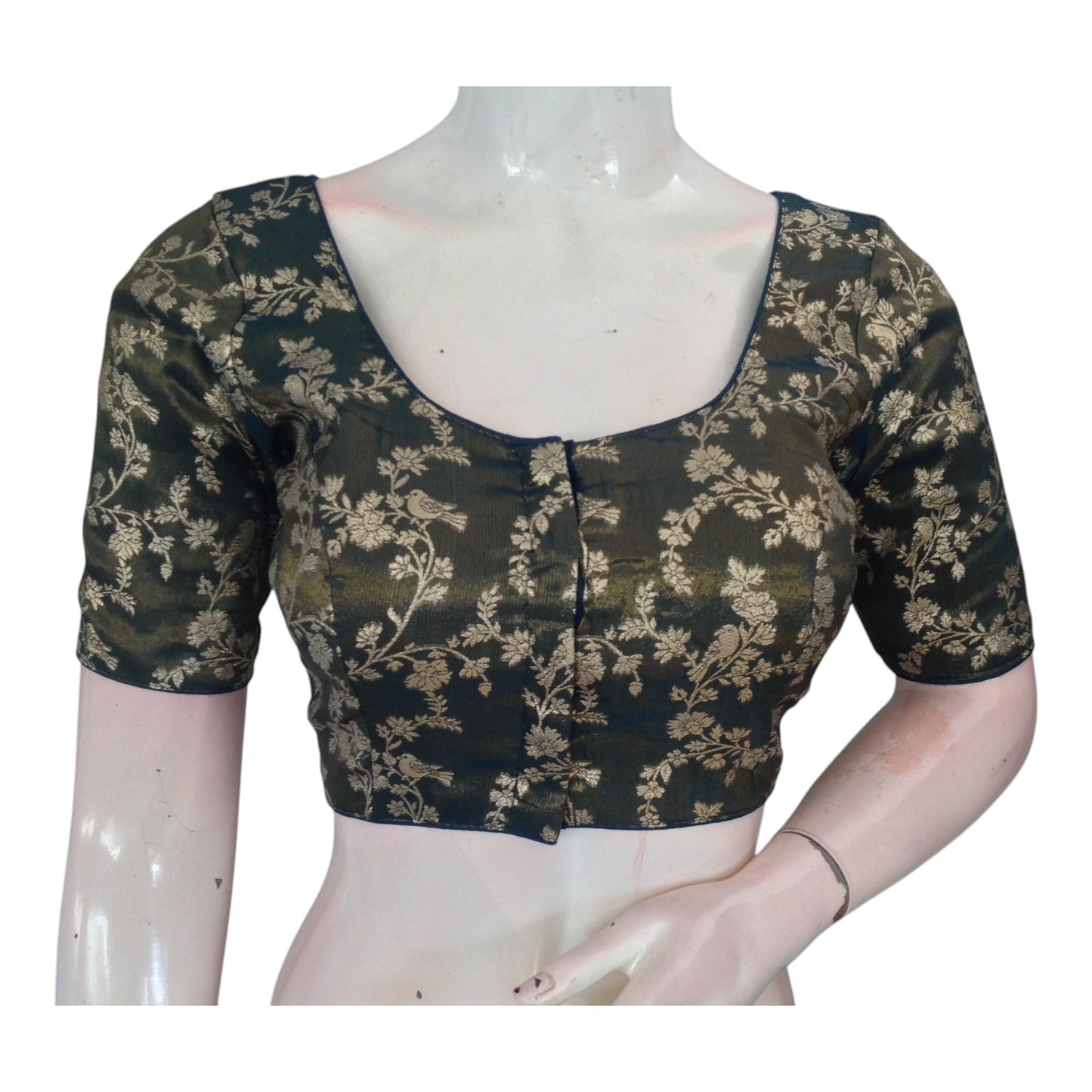 Dark Teal Ready-to-Wear Banarasi Tissue Brocade Blouse | Easy Sophistication