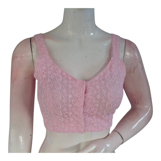 Baby Pink Chikankari Spaghetti Sleeveless Designer Readymade Saree Blouse