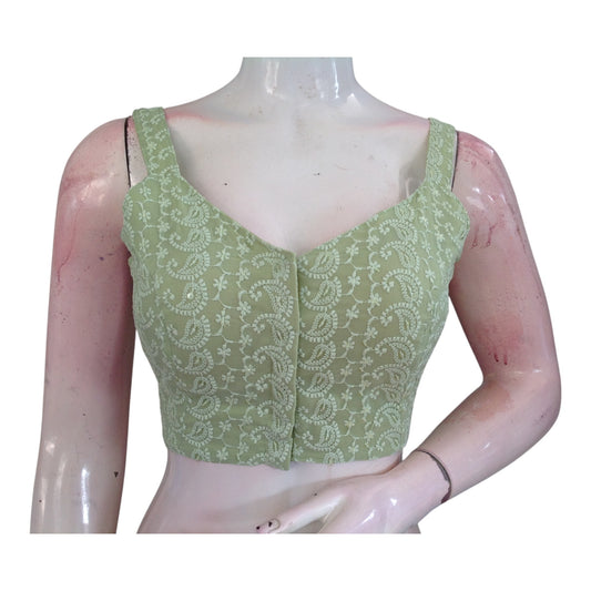 Designer Pastel Green Chikankari Sleeveless Blouse - Spaghetti Strap Detail