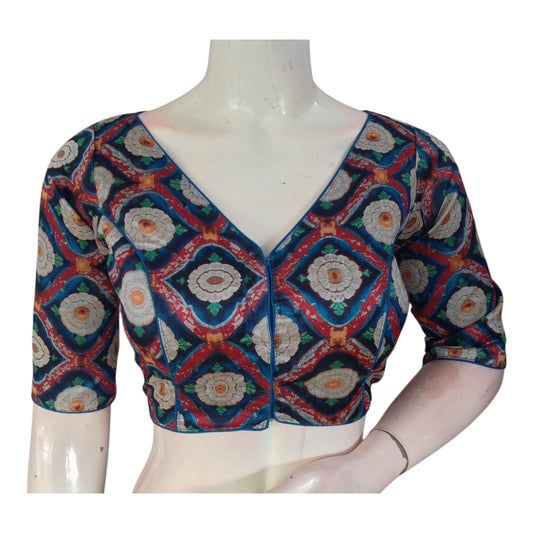 Teal Blue Color Printed Silk V-neck Designer Readymade Blouse