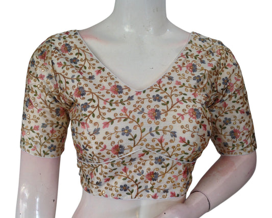 Off-White Semi-Silk Blouse with Intricate Multi-Thread Embroidery