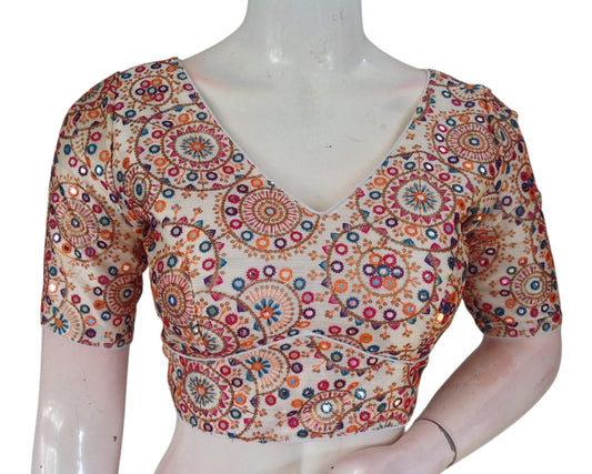 Modern Off-White Semi-Silk Blouse with Multi-Thread Embellishments