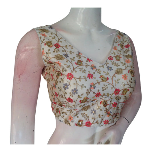 Elegant Off-White Color Floral Embroidery Semi-Silk Readymade Blouse - D3blouses