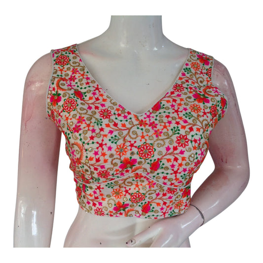 Elegant Sleeveless Semi-Silk Readymade Blouse - Off-White with Floral Details