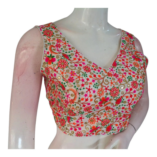Elegant Sleeveless Semi-Silk Readymade Blouse - Off-White with Floral Details - D3blouses