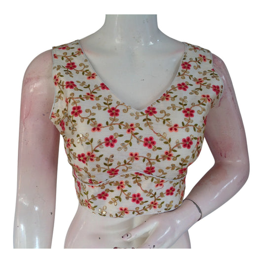 Subtle Floral Design Embroidery Off-White Color Semi-Silk Sleeveless Blouse