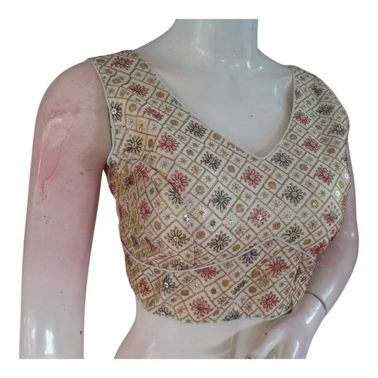 Artisan Crafted Off-White Color Floral Embroidery Semi-Silk Readymade Blouse - D3blouses