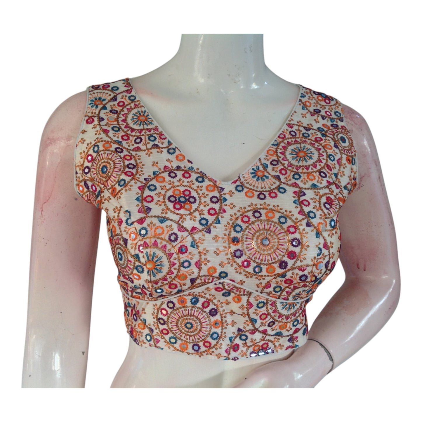 Designer Off-White Floral Embroidery Readymade Saree Blouse - Semi-Silk