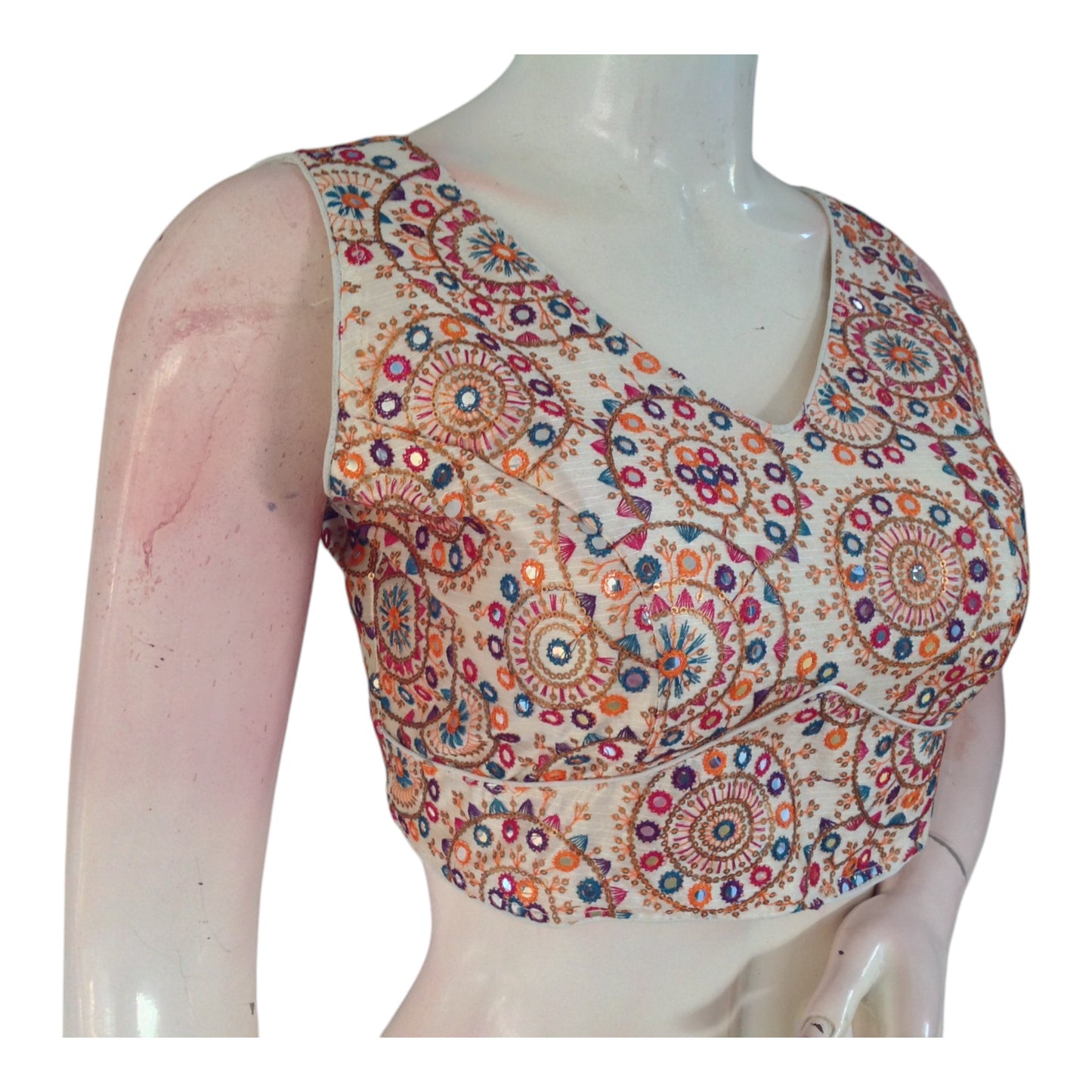 Designer Off-White Floral Embroidery Readymade Saree Blouse - Semi-Silk