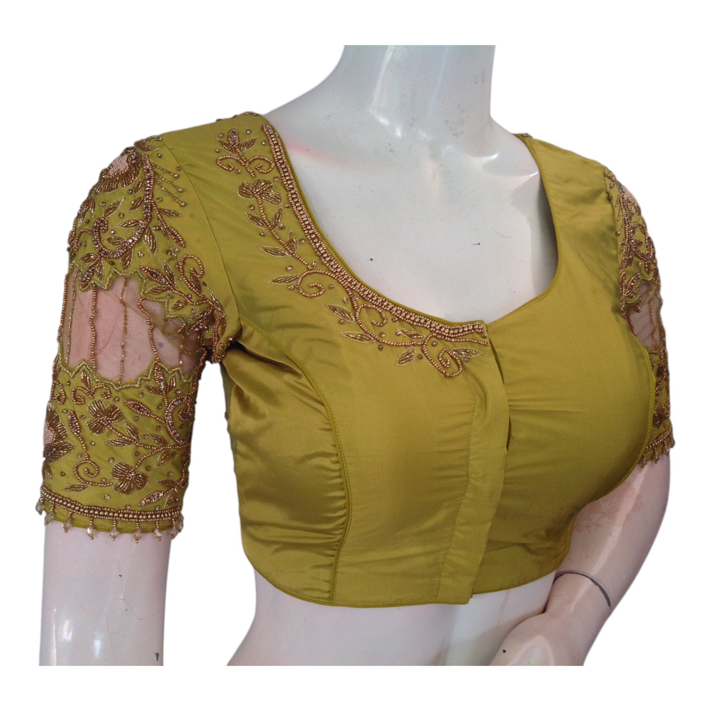 Elegant Olive Green Color Aari Handwork Blouse: Netted & Knotted