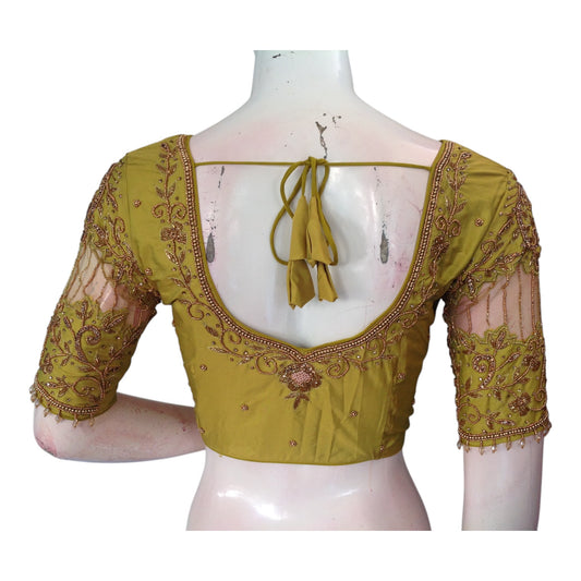 Elegant Olive Green Color Aari Handwork Blouse: Netted & Knotted