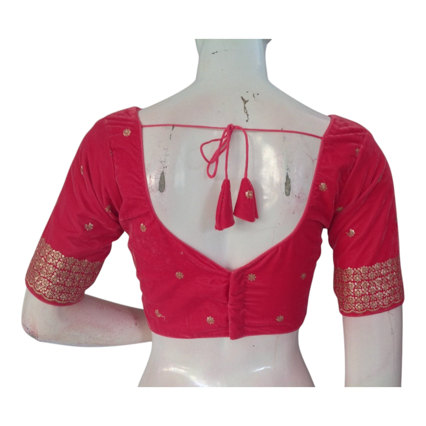 Dark Peach Pink Sequined Velvet V-Neck Designer Readymade Saree Blouse