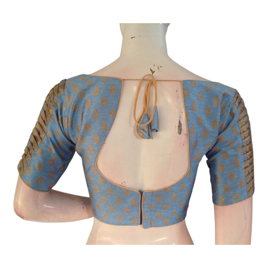 Luxury Blue Silk Brocade Ready made Blouse - Gold Butta & Statement Sleeves