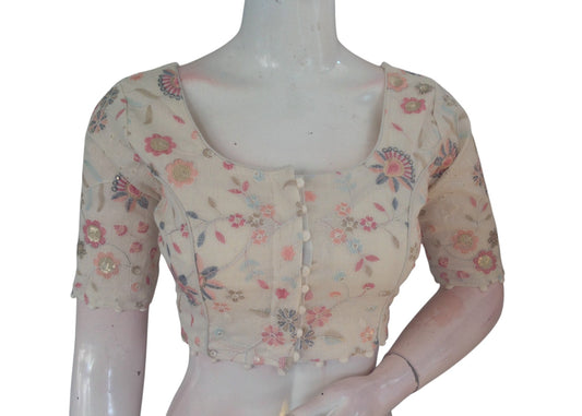 Off White Color Khadi Cotton Designer Thread Work Readymade Saree Blouse