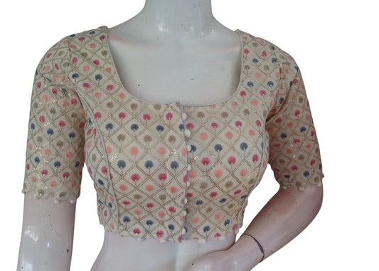 Elegant Khadi Cotton Blouse with Sequins & Thread Embroidery Readymade Top