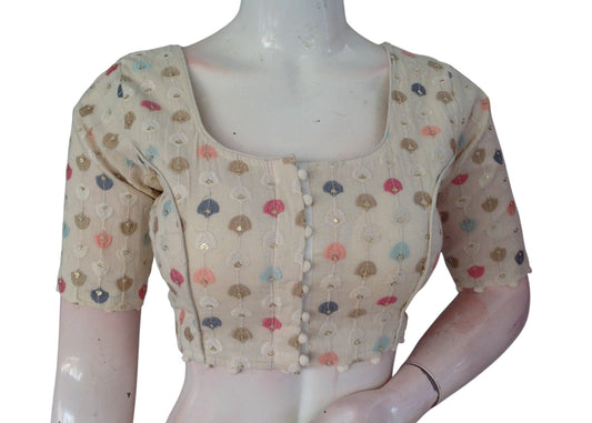 Handwoven Khadi Cotton Readymade Blouse: Sequined Floral Embroidery