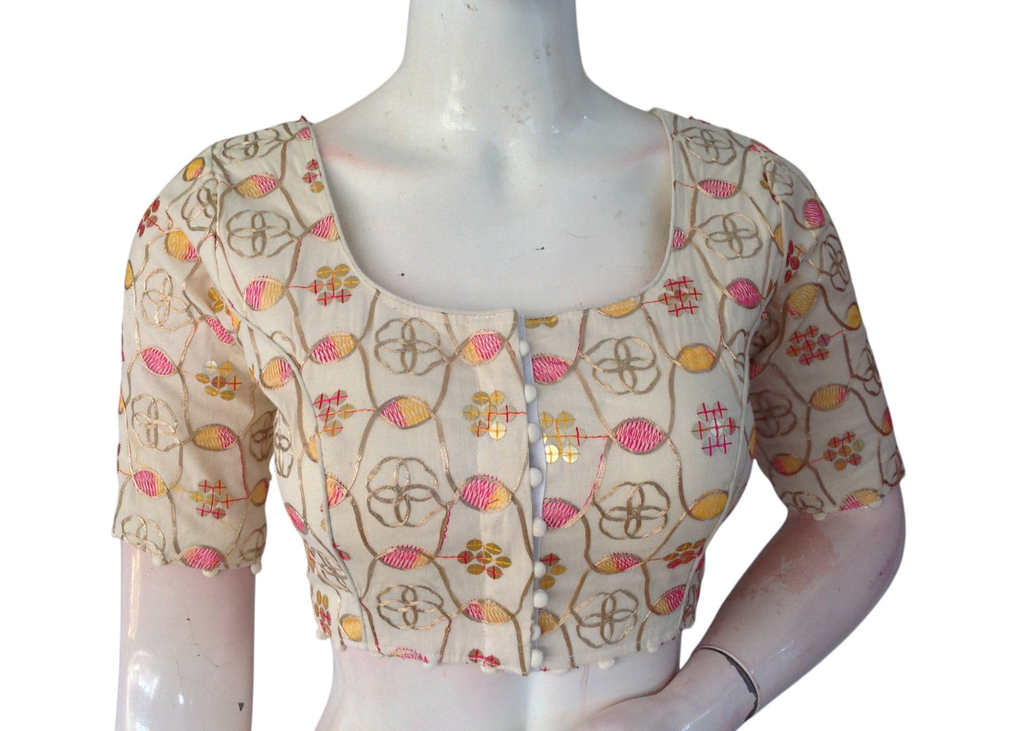 Sunset Bloom" Khadi Cotton Blouse: Floral Sequins & Threadwork