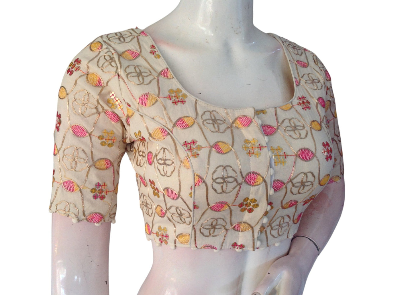 Sunset Bloom" Khadi Cotton Blouse: Floral Sequins & Thread work