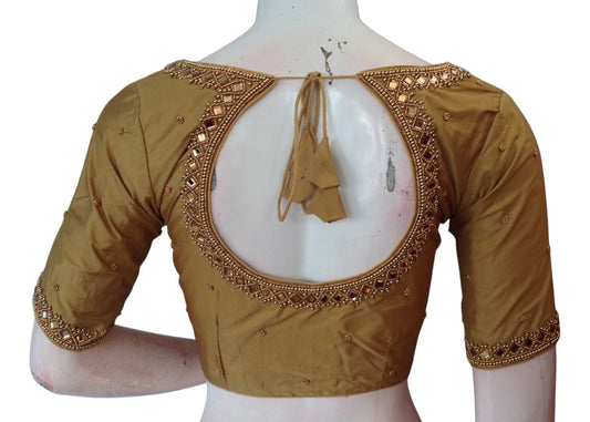 Dark Gold Aari Mirror Work Silk Blouse - Handcrafted Indian Wedding Top"