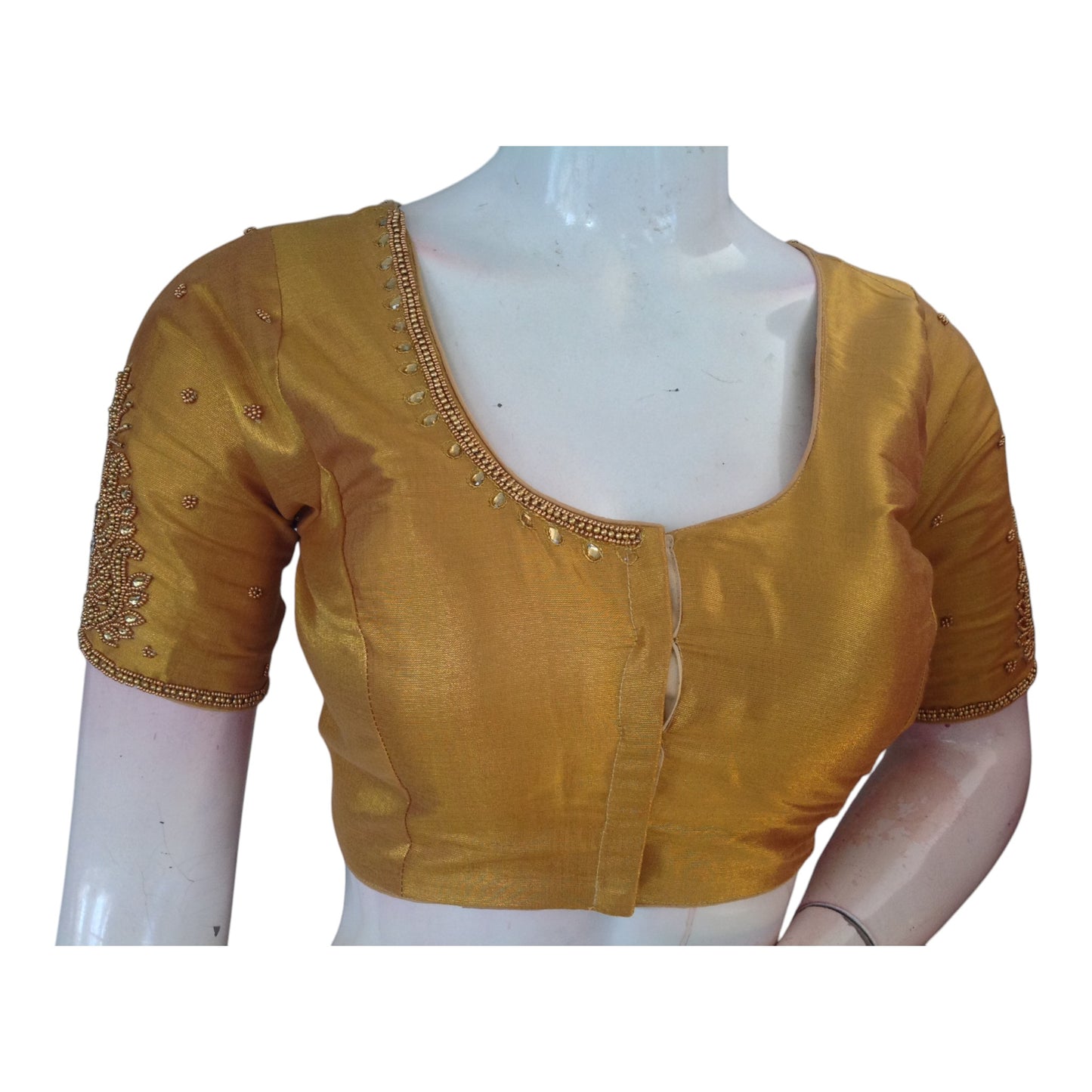 Golden Tissue Silk Blouse with Exquisite Aari Wedding Work