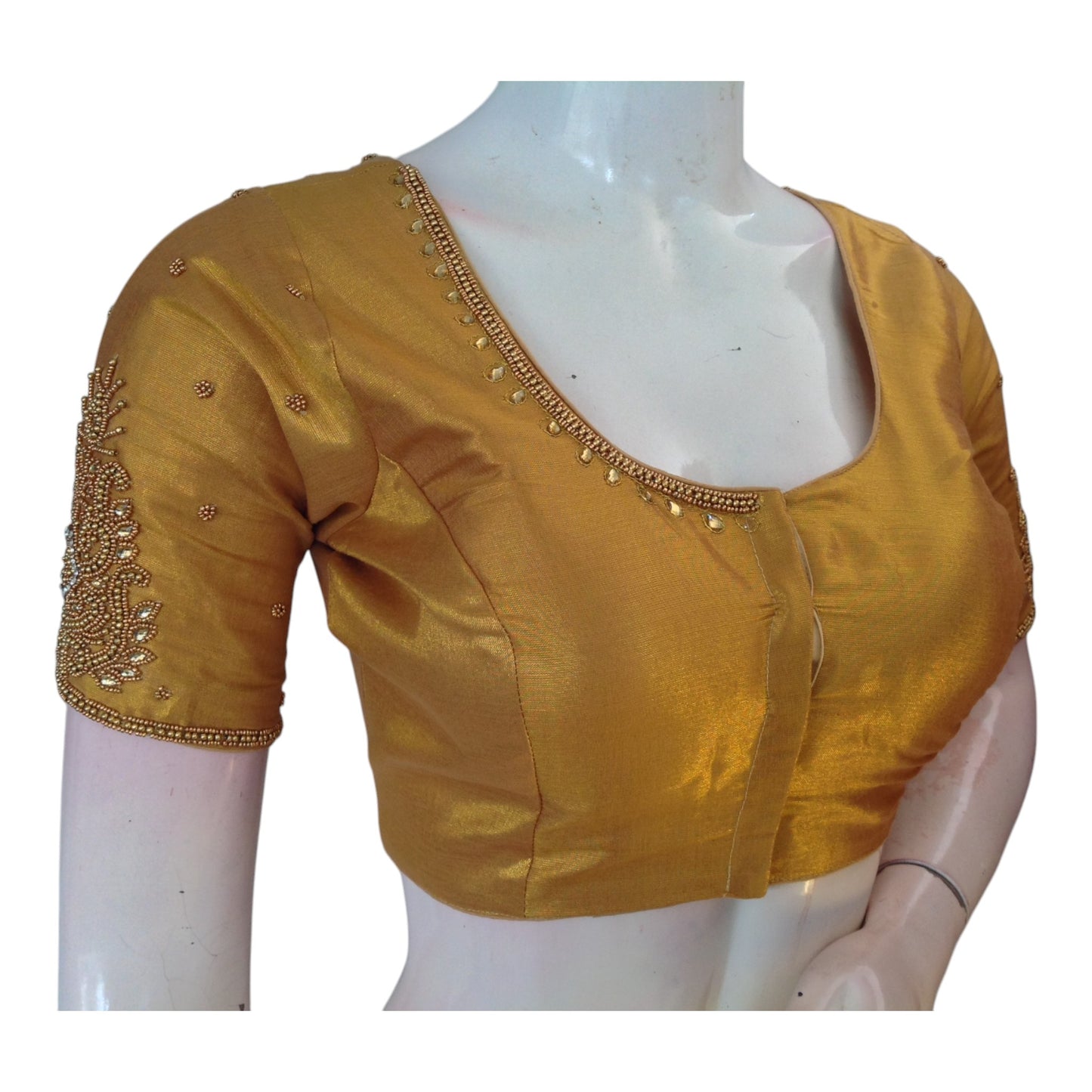 Golden Tissue Silk Blouse with Exquisite Aari Wedding Work