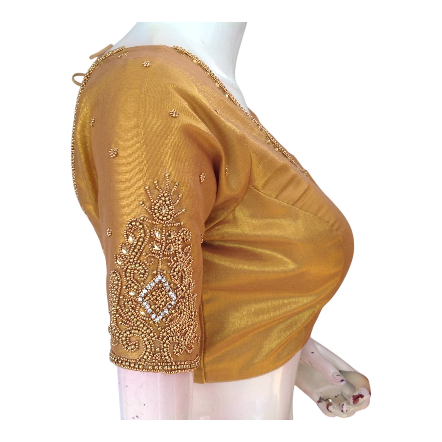 Golden Tissue Silk Blouse with Exquisite Aari Wedding Work