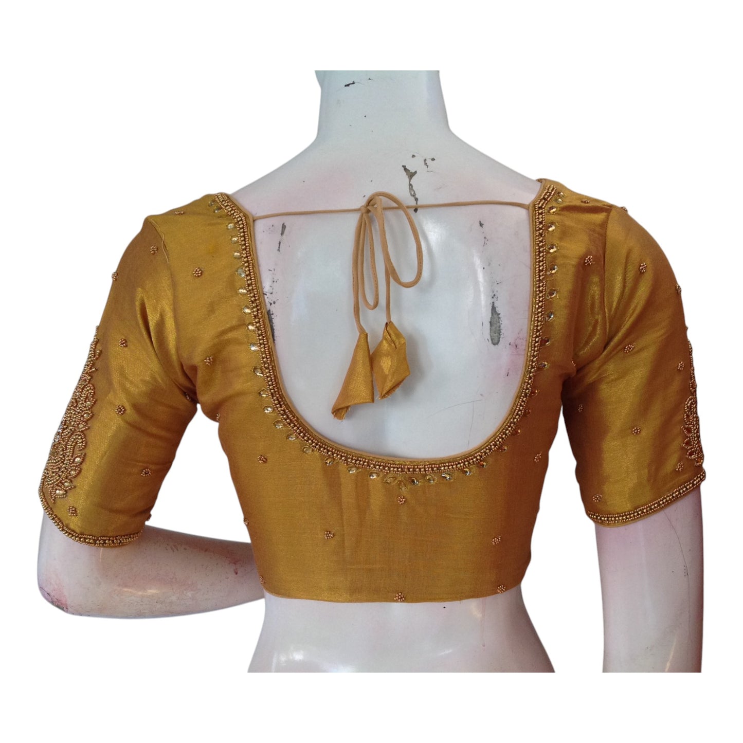 Golden Tissue Silk Blouse with Exquisite Aari Wedding Work