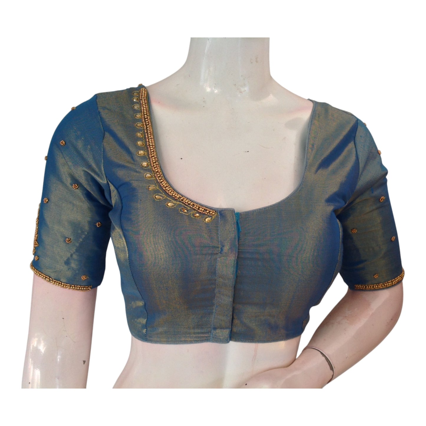 Teal Blue Splendor: Tissue Silk Aari Handwork Wedding Saree Blouse