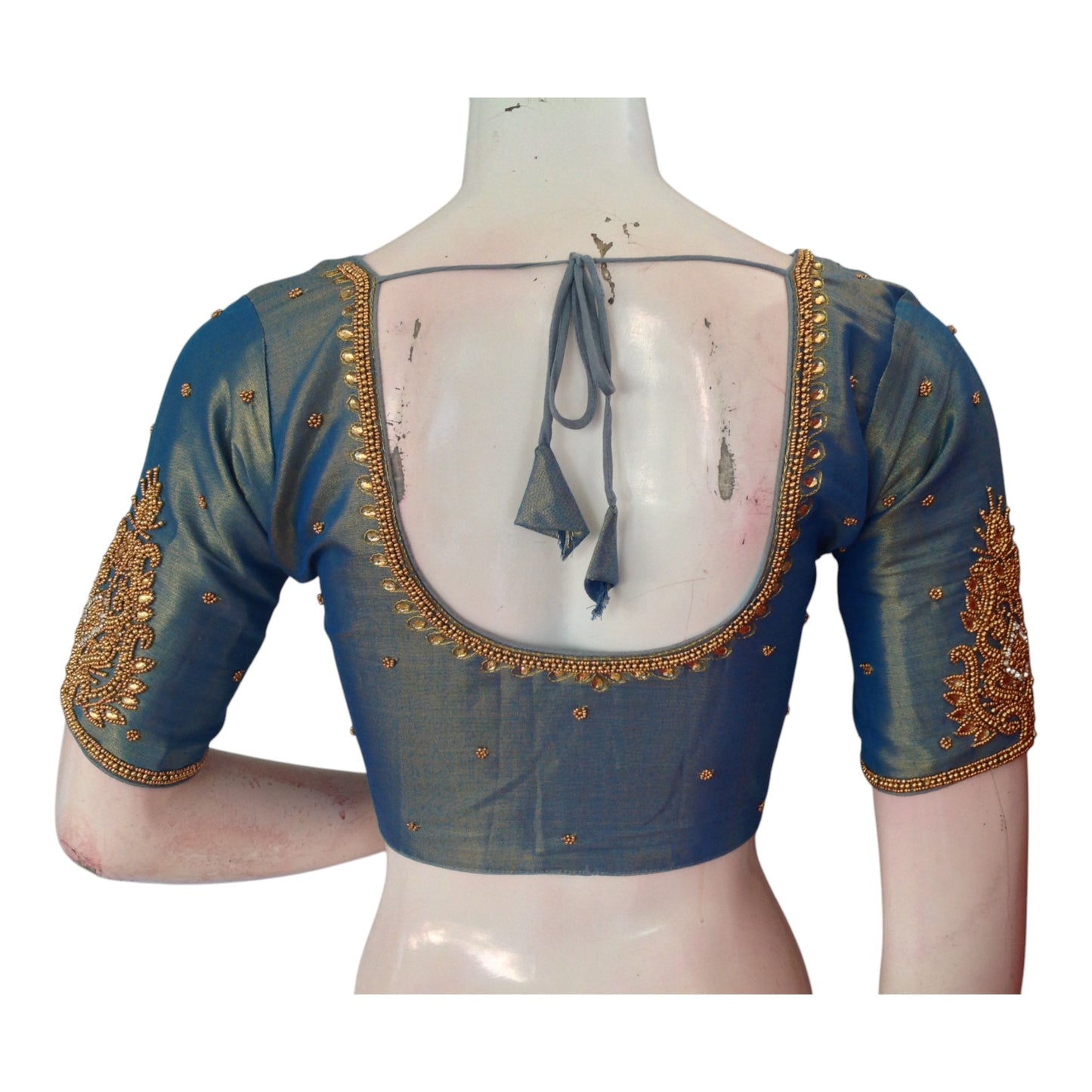 Teal Blue Splendor: Tissue Silk Aari Handwork Wedding Saree Blouse