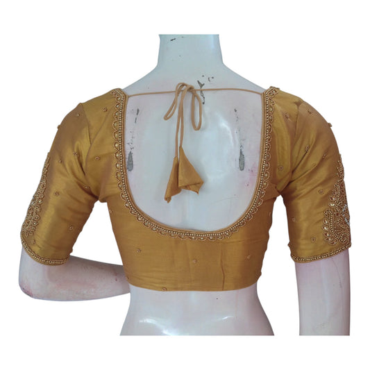 Luxurious Tissue Gold Silk Saree Blouse with Detailed Aari Handwork