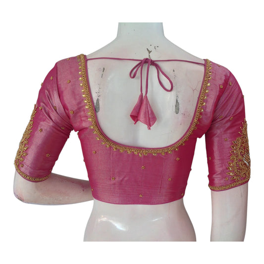 Vibrant Magenta Tissue Silk Blouse with Exquisite Aari Work - D3 Blouses