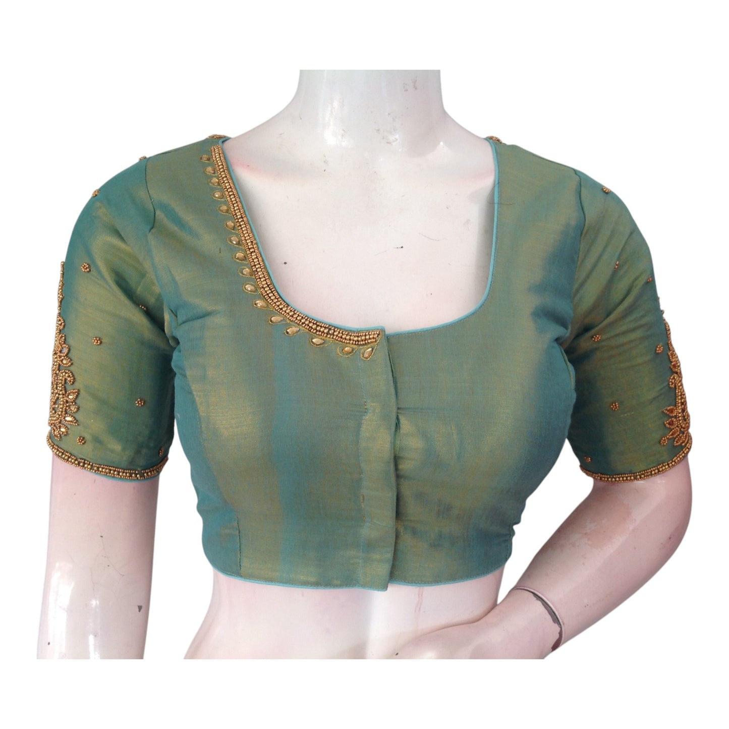 Serene Teal Green Tissue Silk Blouse with Intricate Aari Work - D3 Blouses