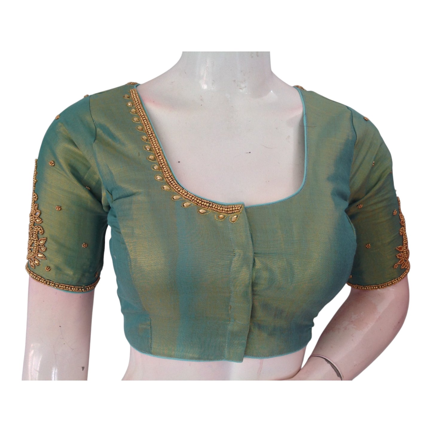 Serene Teal Green Tissue Silk Blouse with Intricate Aari Work - D3 Blouses