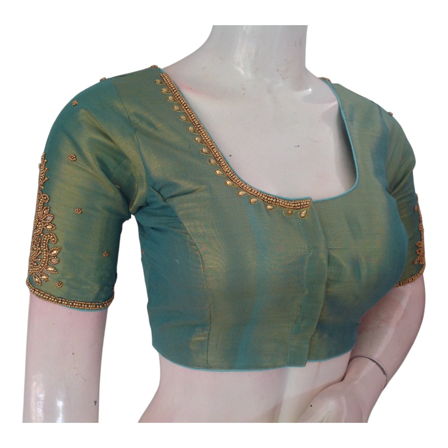 Serene Teal Green Tissue Silk Blouse with Intricate Aari Work - D3 Blouses
