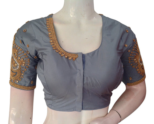 Sophisticated Grey Color Aari Handwork Wedding Silk Saree Blouse