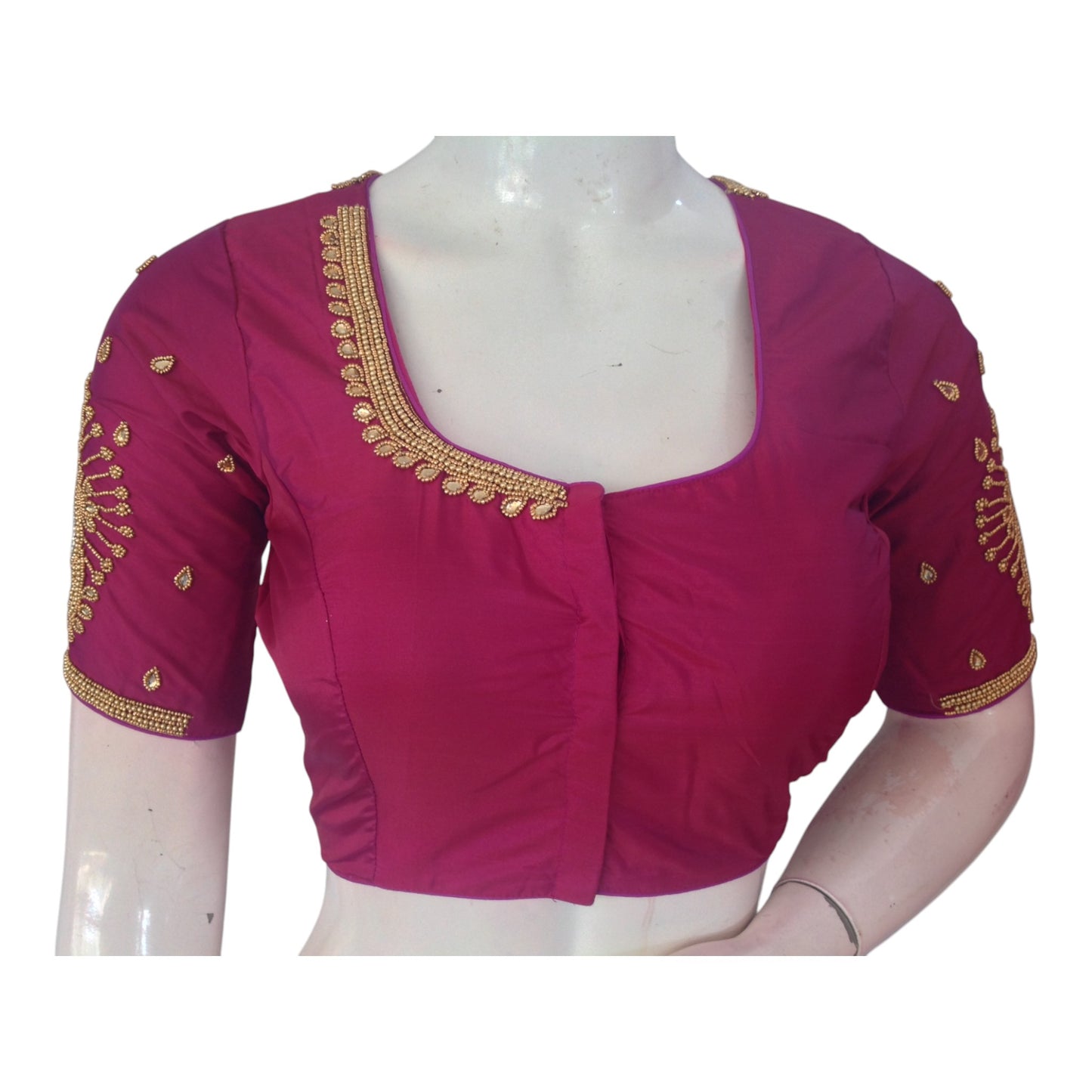 Radiant Saffron Color Aari Handwork Wedding Silk Saree Blouse