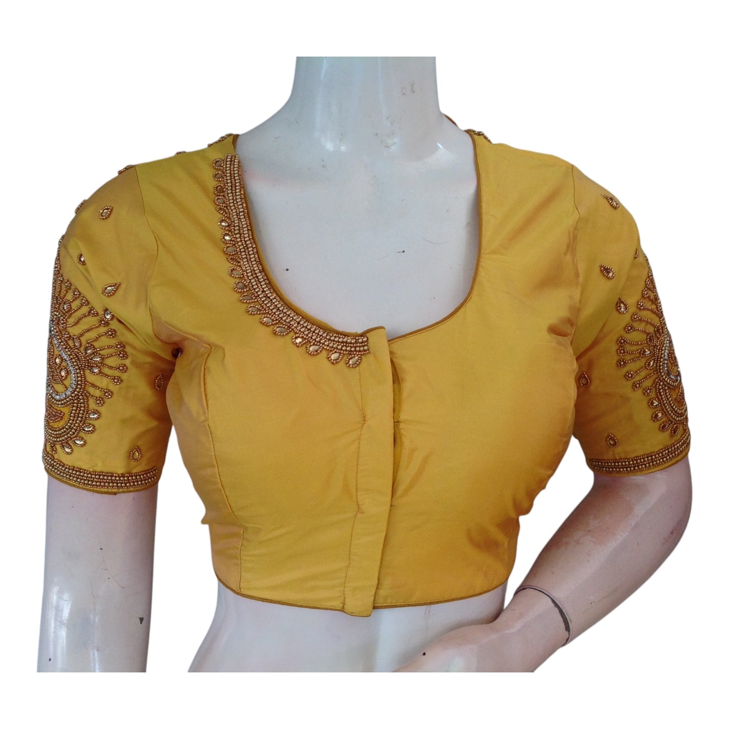 Luminous Yellow Color Aari Handwork Wedding Silk Saree Readymade Blouse