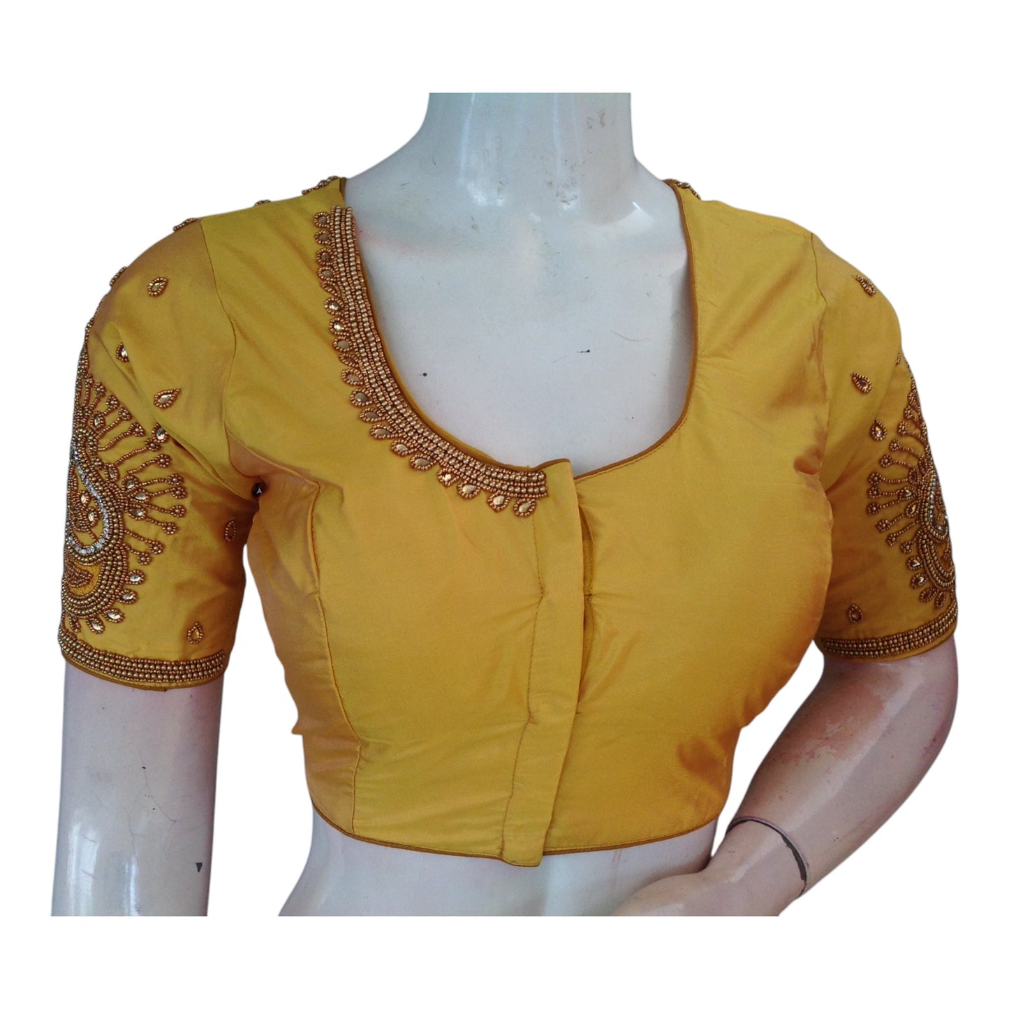 Luminous Yellow Color Aari Handwork Wedding Silk Saree Readymade Blouse