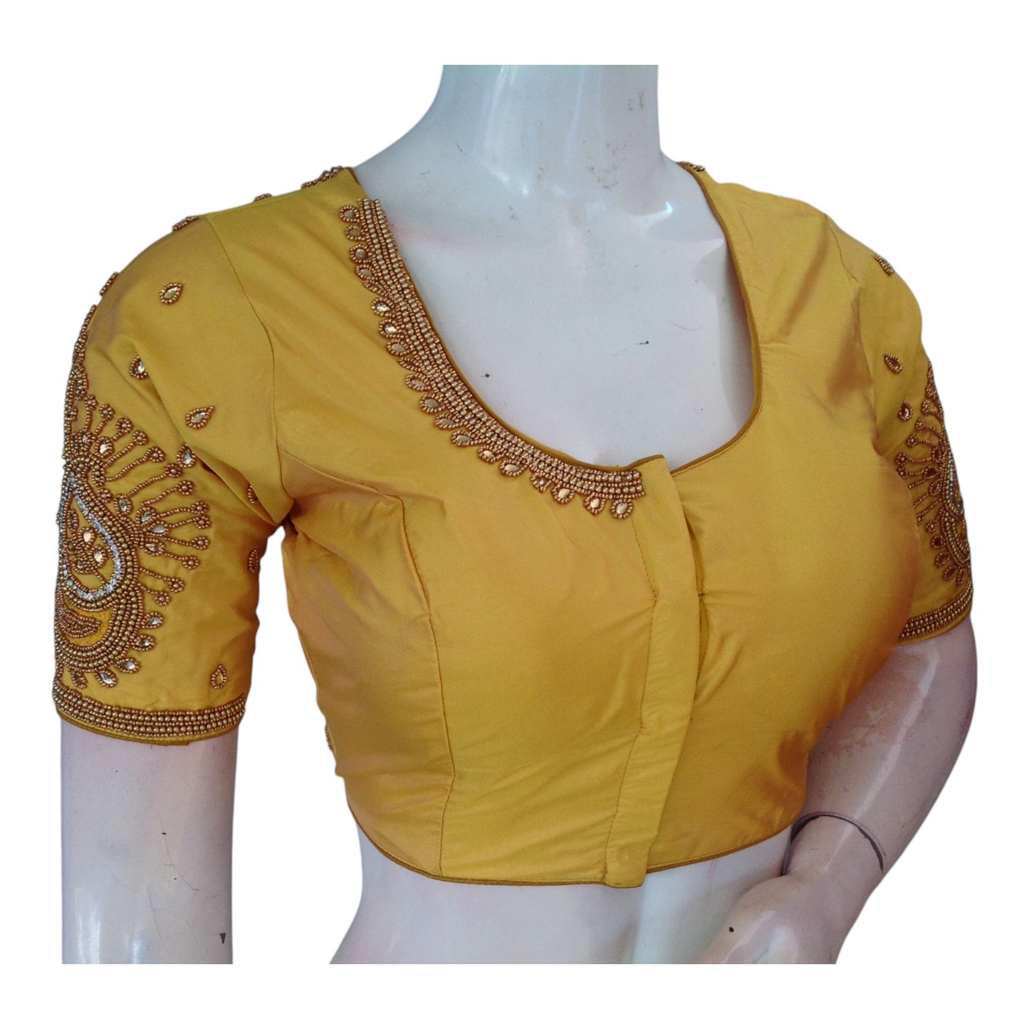 Luminous Yellow Color Aari Handwork Wedding Silk Saree Readymade Blouse