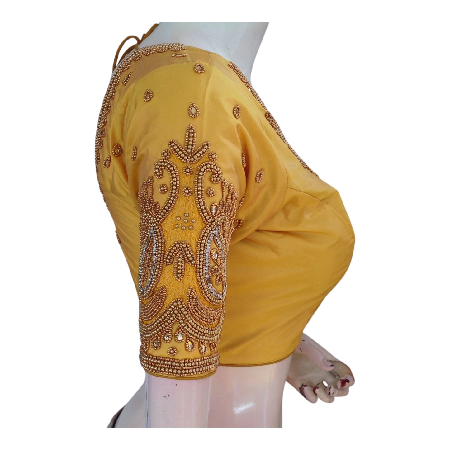 Luminous Yellow Color Aari Handwork Wedding Silk Saree Readymade Blouse