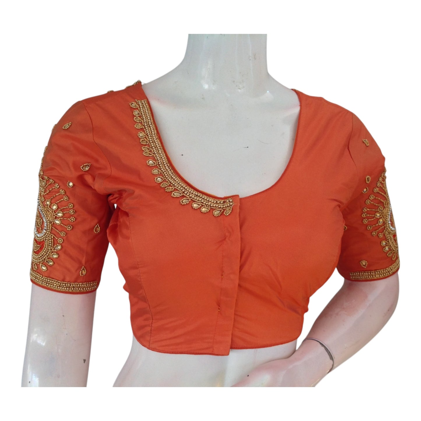 Elegant Terracotta Aari Handwork Wedding Silk Saree Readymade Blouse