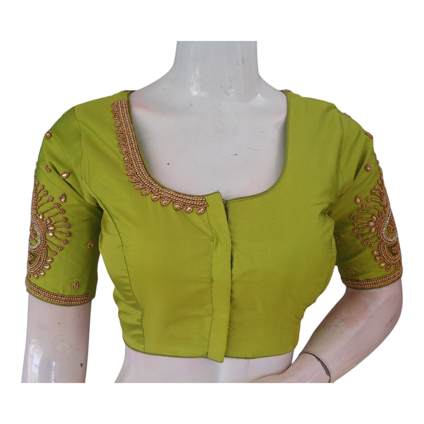 Elegant Parrot Green Aari Handwork Wedding Silk Saree Readymade Blouse