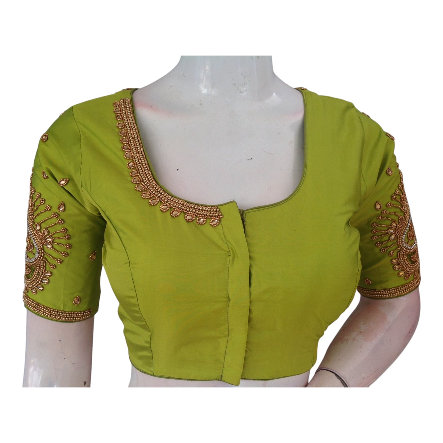 Elegant Parrot Green Aari Handwork Wedding Silk Saree Readymade Blouse