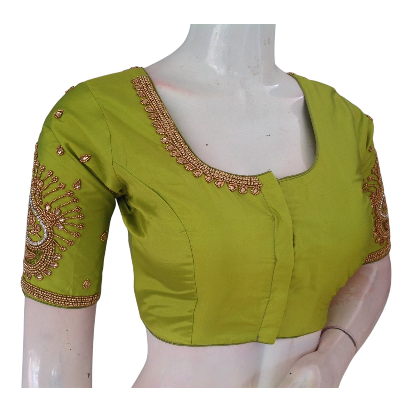 Elegant Parrot Green Aari Handwork Wedding Silk Saree Readymade Blouse