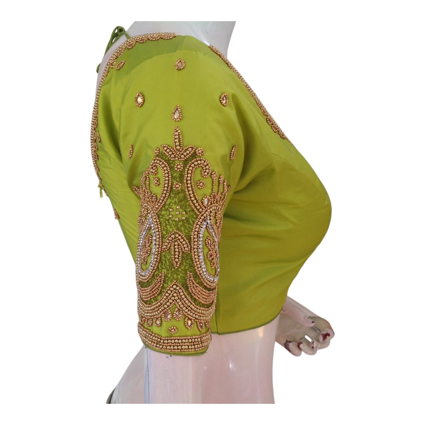 Elegant Parrot Green Aari Handwork Wedding Silk Saree Readymade Blouse