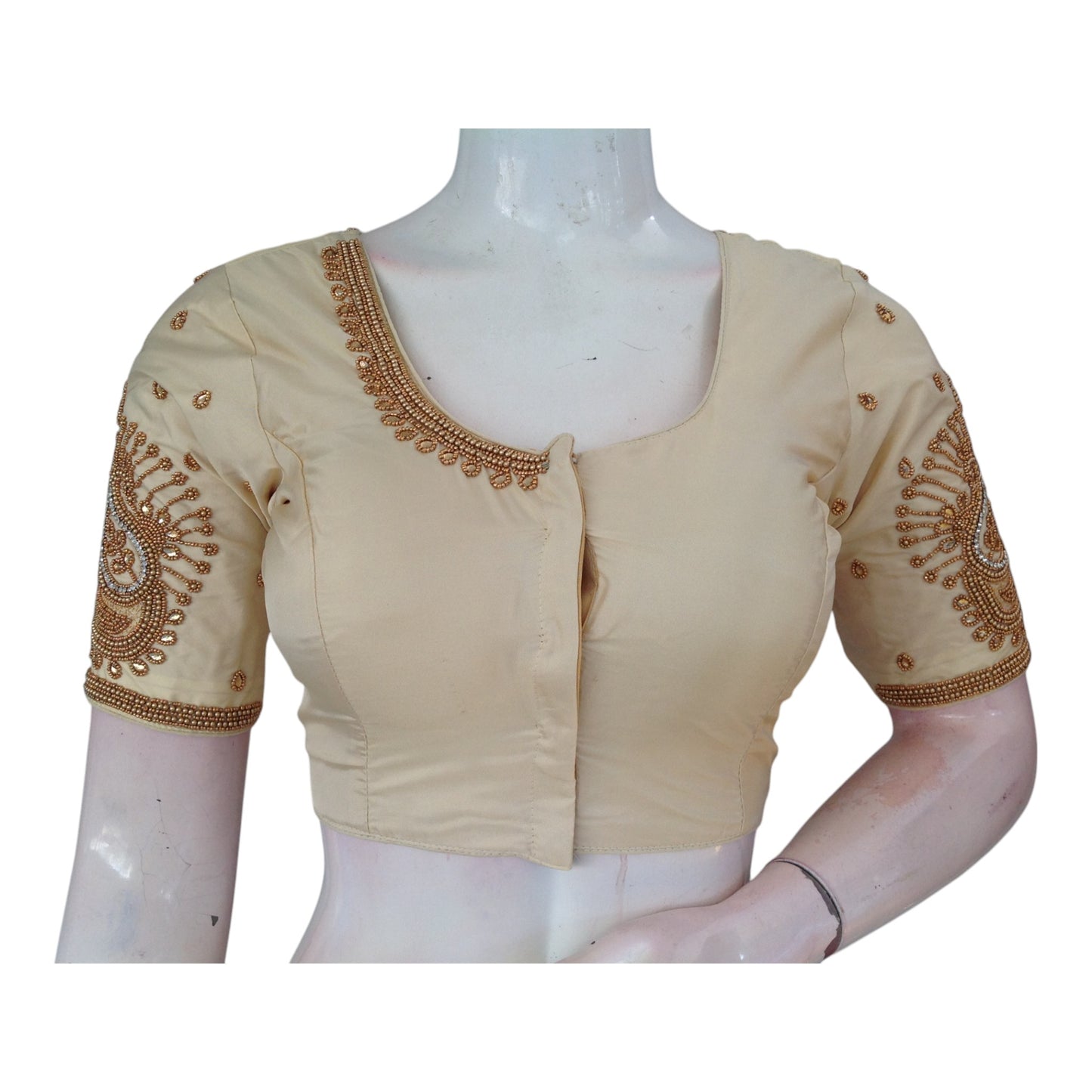 Epitome of Elegance: Cream Aari Handwork Bridal Silk Saree Readymade Blouse