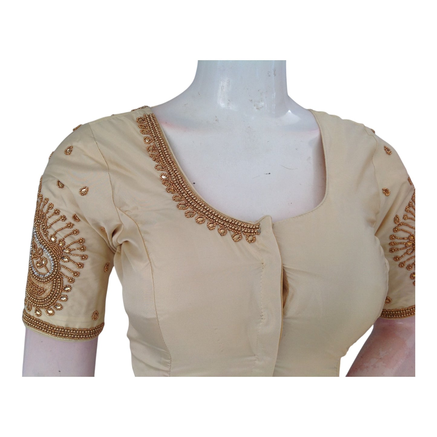 Epitome of Elegance: Cream Aari Handwork Bridal Silk Saree Readymade Blouse