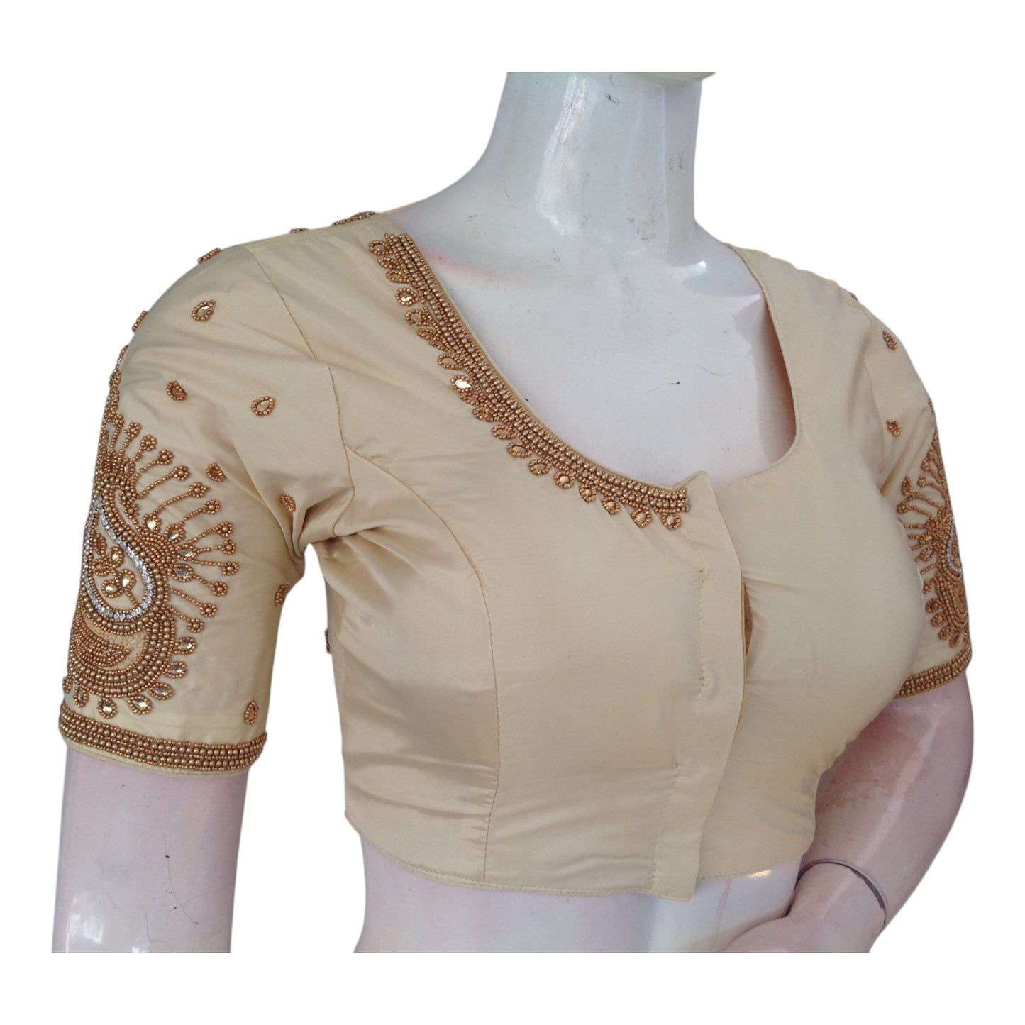 Epitome of Elegance: Cream Aari Handwork Bridal Silk Saree Readymade Blouse