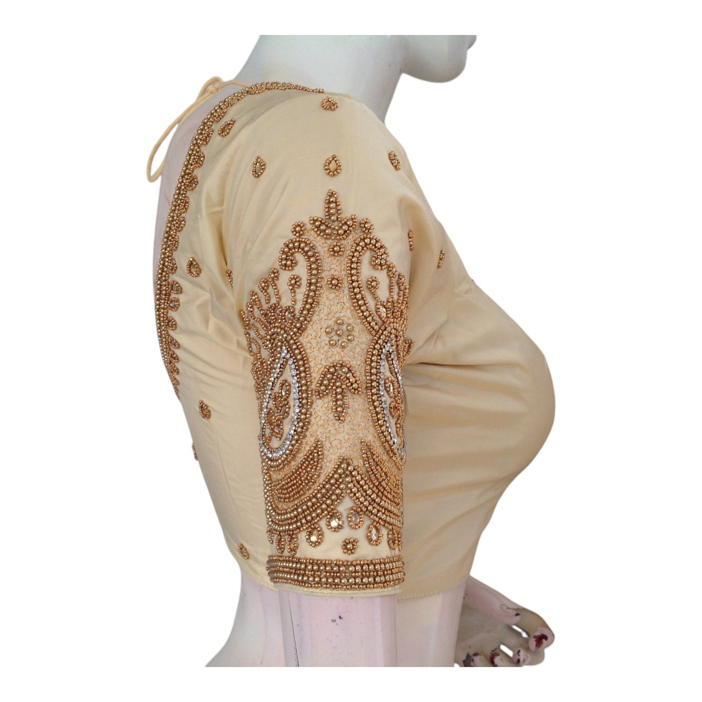 Epitome of Elegance: Cream Aari Handwork Bridal Silk Saree Readymade Blouse