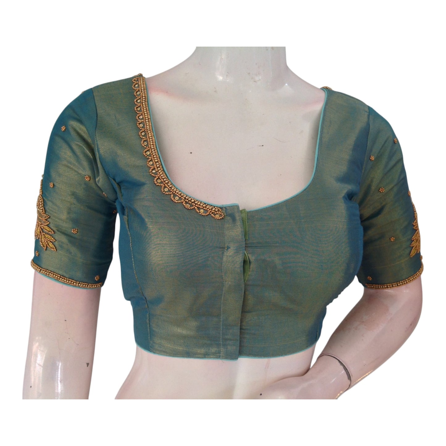 Elegant Teal Green Aari Handwork Tissue Silk Wedding Blouse - D3 Blouses